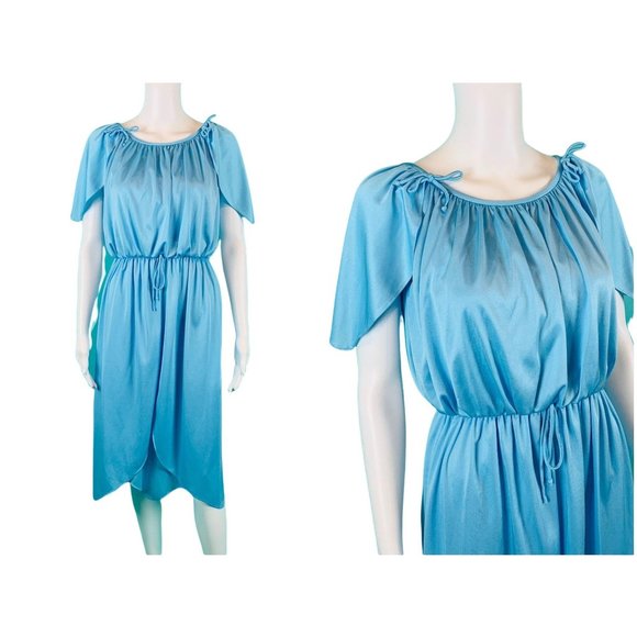 Vintage 1970s Blue Grecian Dress Cape Style Party Disco | W 23-30" - Picture 1 of 9